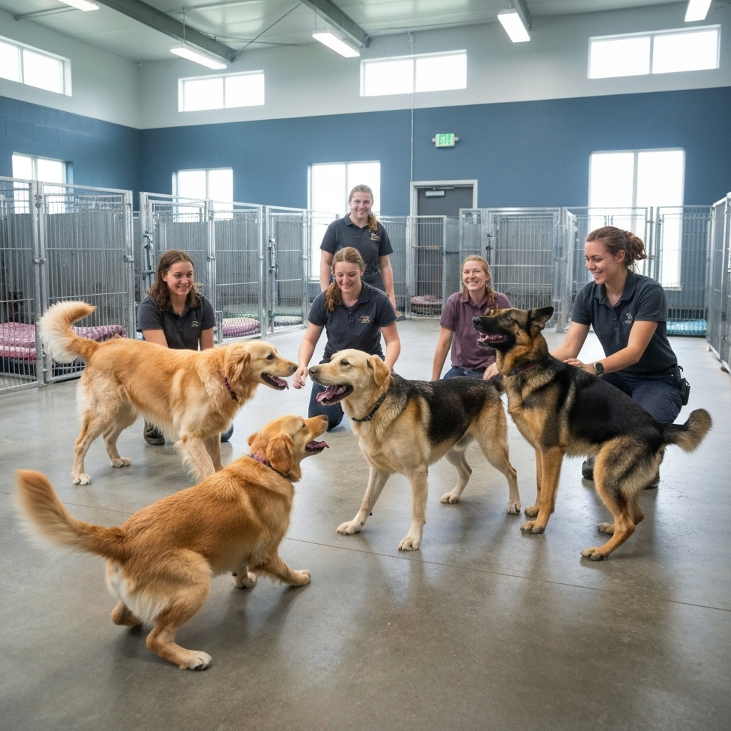 Happy dogs in a modern kennel facility